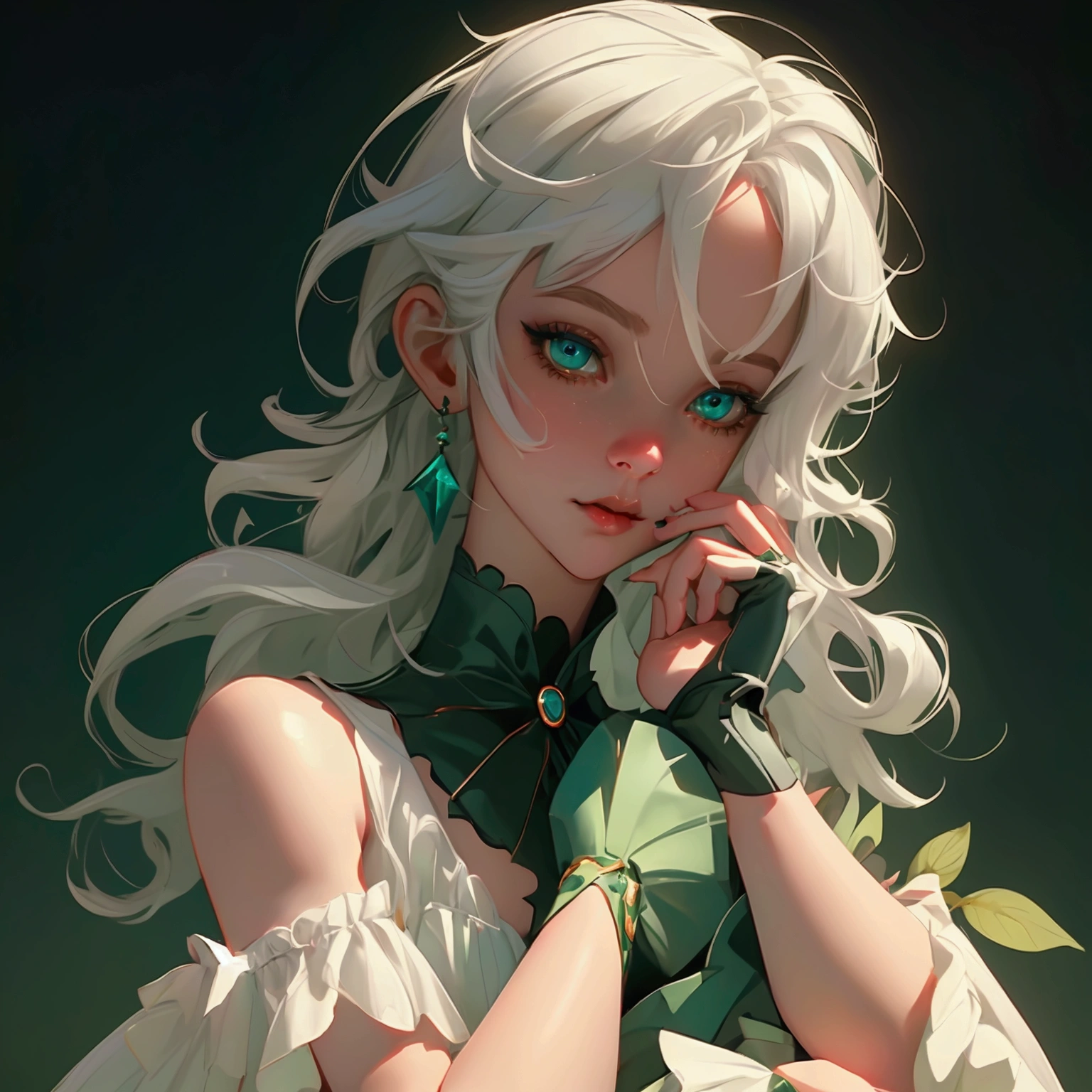 envision a 8k, highres, cinematic, beautiful close up portrait of a short girl named Cecilia Immergreen with multicolored hair, green eyes, doll joints, joints, bare shoulders, detached sleeves, hair between eyes, white hair, dressagainst a dark background