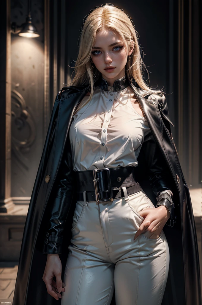 cowboy shot,a pretty 2 girl,blond hair,blue eyes,lora_Emma,slim athletic body,tight and stretched white blouse with buttons,button gap,short sleeves,pokies,ultra low rise black shiny latex pants,(double metal belt),empty studiobackground,((black coat on shoulders)),(best quality,4k,8k,highres,masterpiece:1.2),ultra-detailed,(realistic,photorealistic,photo-realistic:1.37),dramatic lighting,cinematic,fashion photography,studio lighting,high contrast,vivid colors,beautiful detailed eyes,beautiful detailed lips,extremely detailed eyes and face,long eyelashes, (hand in pockets)