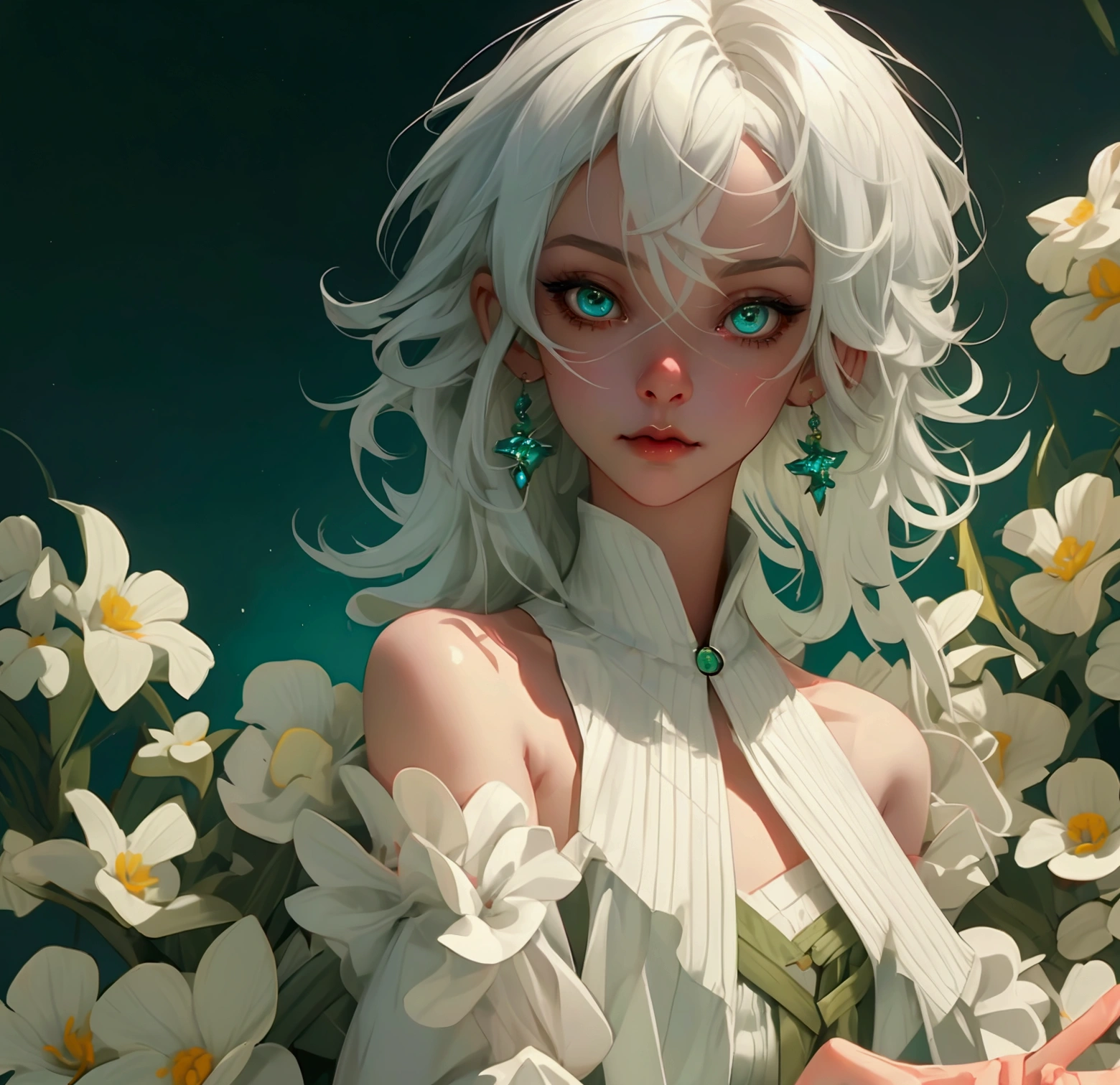 envision a 8k, highres, cinematic, beautiful close up portrait of a short girl named Cecilia Immergreen with multicolored hair, green eyes, doll joints, joints, bare shoulders, detached sleeves, hair between eyes, white hair, dressagainst a dark background