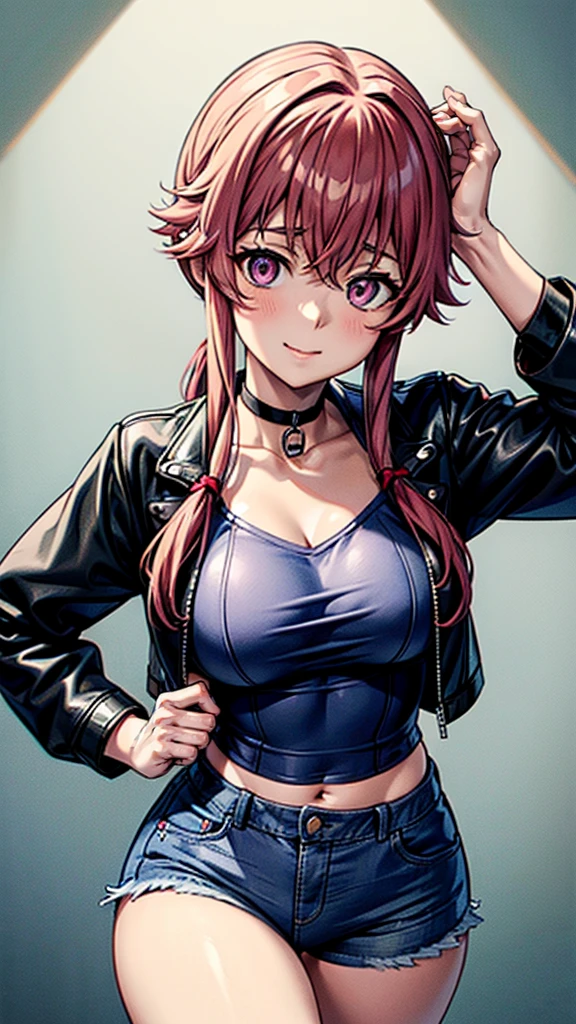 gasai yuno, large breasts, wearing a black choker, wearing black leather jacket, wearing blue jeans, ((masterpiece)), (((best quality))), 4k