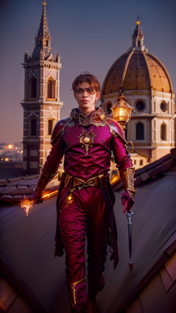 A Renaissance version of Spider-Man, wearing a web-slinging suit adorned with floral patterns and gold detailing, glides across the rooftops of Florence. The city is lit by torches and dominated by Renaissance domes and bell towers. He carries a ceremonial dagger on his belt and his mask has a Renaissance style with gold filigree. Moonlight reflects off his figure as he prepares to thwart a shadowy conspiracy.