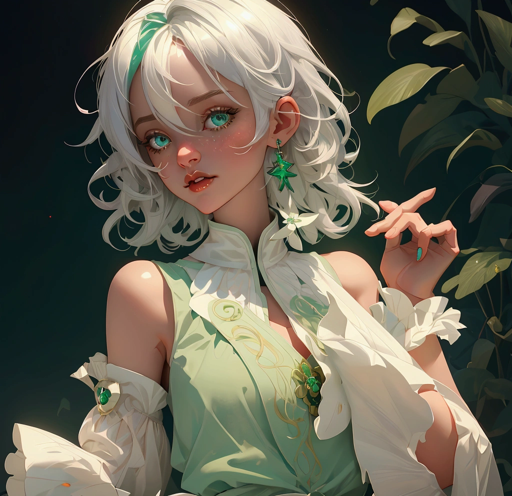 envision a 8k, highres, cinematic, beautiful close up portrait of a short girl named Cecilia Immergreen with multicolored hair, green eyes, doll joints, joints, bare shoulders, detached sleeves, hair between eyes, white hair, dressagainst a dark background