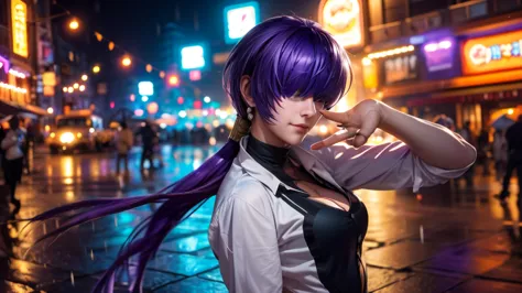 (at night), alone, in a video game scene a background of a beautiful city during the day raining, standing at attention, purple ...