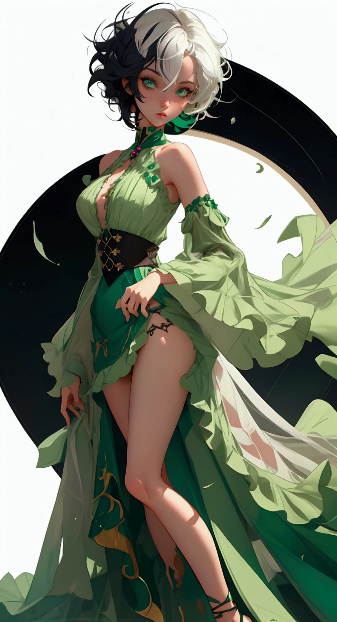 envision a 8k, highres, cinematic, beautiful full body design sheet of a short girl named Cecilia Immergreen with multicolored hair, green eyes, doll joints, joints, bare shoulders, detached sleeves, hair between eyes, white hair, dress against a dark background