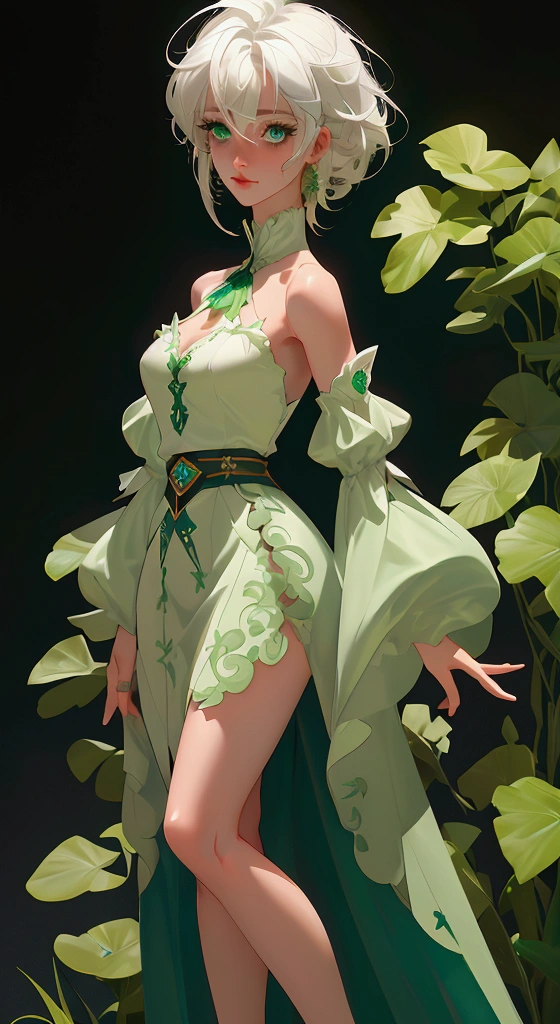 envision a 8k, highres, cinematic, beautiful full body design sheet of a short girl named Cecilia Immergreen with multicolored hair, green eyes, doll joints, joints, bare shoulders, detached sleeves, hair between eyes, white hair, dress against a dark background