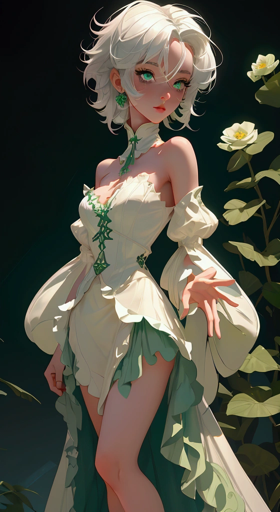 envision a 8k, highres, cinematic, beautiful full body design sheet of a short girl named Cecilia Immergreen with multicolored hair, green eyes, doll joints, joints, bare shoulders, detached sleeves, hair between eyes, white hair, dress against a dark background