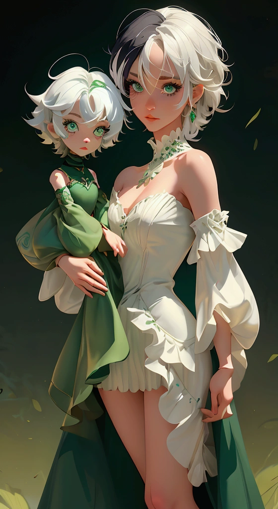 envision a 8k, highres, cinematic, beautiful full body design sheet of a short girl named Cecilia Immergreen with multicolored hair, green eyes, doll joints, joints, bare shoulders, detached sleeves, hair between eyes, white hair, dress against a dark background