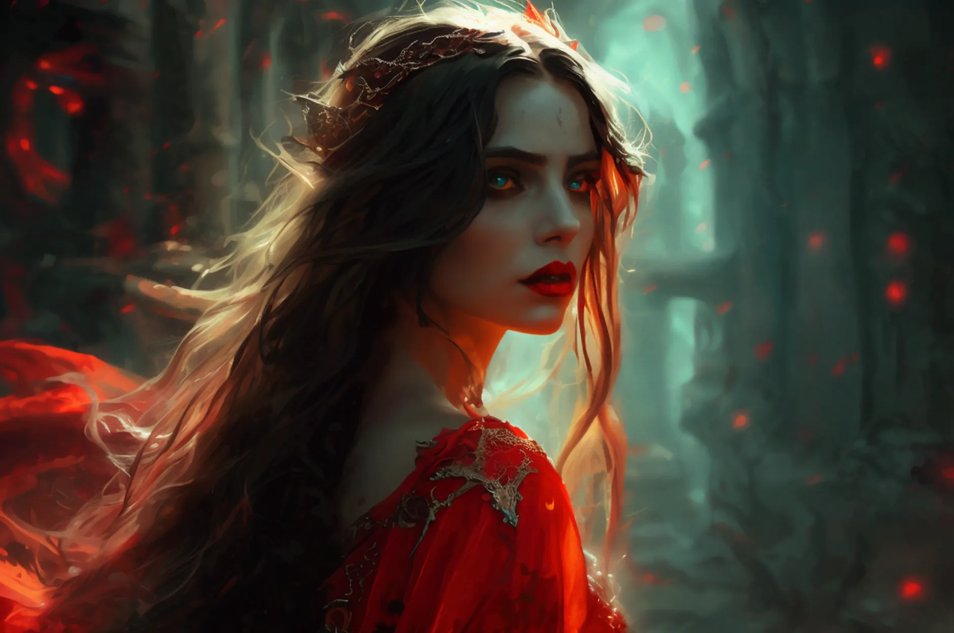 a beautiful female sorceress, long flowing hair, penetrating eyes, painted red lips, intricate detailed dress, dramatic pose, da...