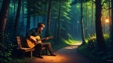 lush enchanted forest, russian guy playing guitarlalele on a bench, fireflies,