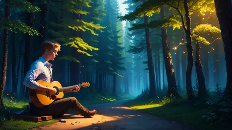 lush enchanted forest, russian guy playing guitarlalele on a bench, fireflies,