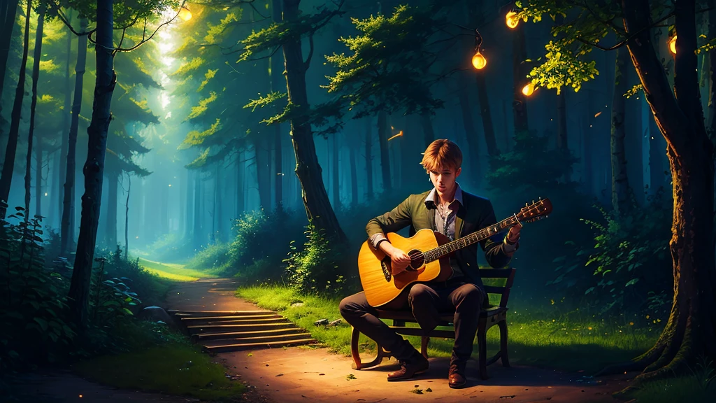 Lush Enchanted Forest, Russian guy playing Guitarlalele on a bench, fireflies,