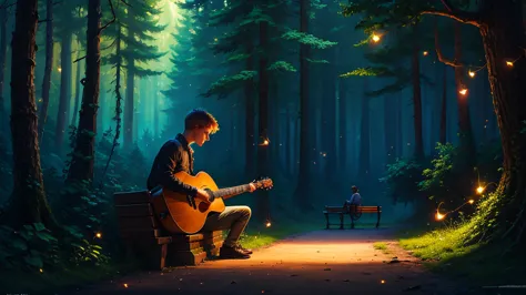 lush enchanted forest, russian guy playing guitarlalele on a bench, fireflies,