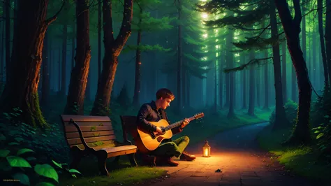 lush enchanted forest, russian guy playing mini guitar on a bench, fireflies,