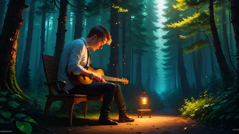 lush enchanted forest, russian guy playing mini guitar on a bench, fireflies,