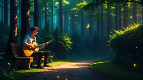 lush enchanted forest, russian guy playing mini guitar on a bench, fireflies,