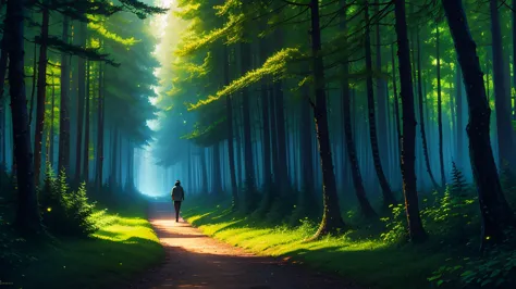 lush enchanted forest, russian guy walking through forest, fireflies,