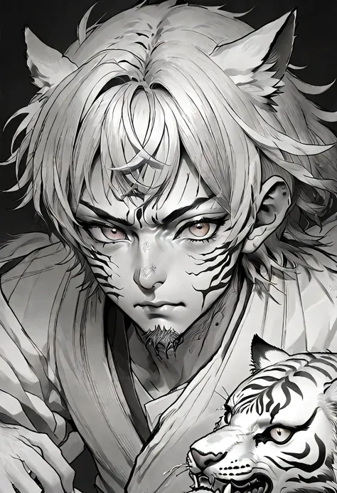 a powerful tiger man, extremely detailed face, beautiful detailed eyes, intense anime style, martial power, portrait, complex st...