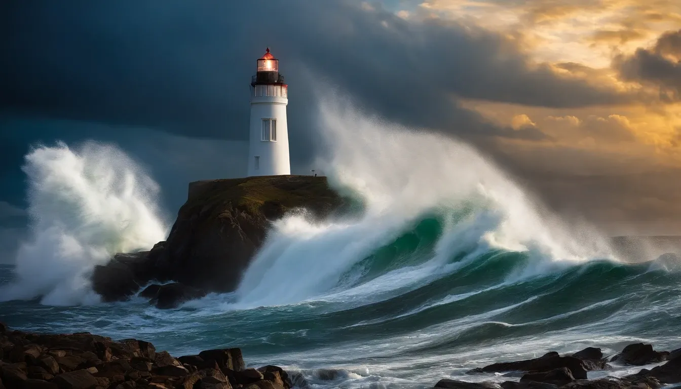 Lighthouse, Stormy night, crashing waves, nighttime, light beam, realistic 