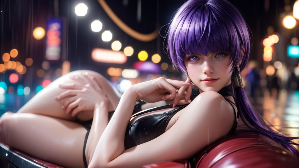 (at night), alone, in a video game scene a background of a beautiful city during the day raining, standing at attention, purple hair, ((purple hair)), 1 girl, alone, 20 years old, young woman, perfect hands , beautiful and perfect symmetrical fingers, beautiful long legs, perfect legs, beautiful body, beautiful nose, beautiful character design, perfect face, look at the viewer (focusing on the entire character), closed mouth, Light_Smile, official art, wallpaper Extremely detailed CG unity 8k, perfect lighting, bright and colorful front lighting, glowing skin (masterpiece: 1.0), (best quality: 1.0), ultra high resolution, 4K, ultra detailed photography, 8K, HDR, high resolution, nonsense: 1.2, Kodak portra 400, film grain, blurred background, bokeh: 1.2, lens flare, (vibrant_color: 1.2), professional photography, (beautiful_face: 1.5), (narrow waist),
