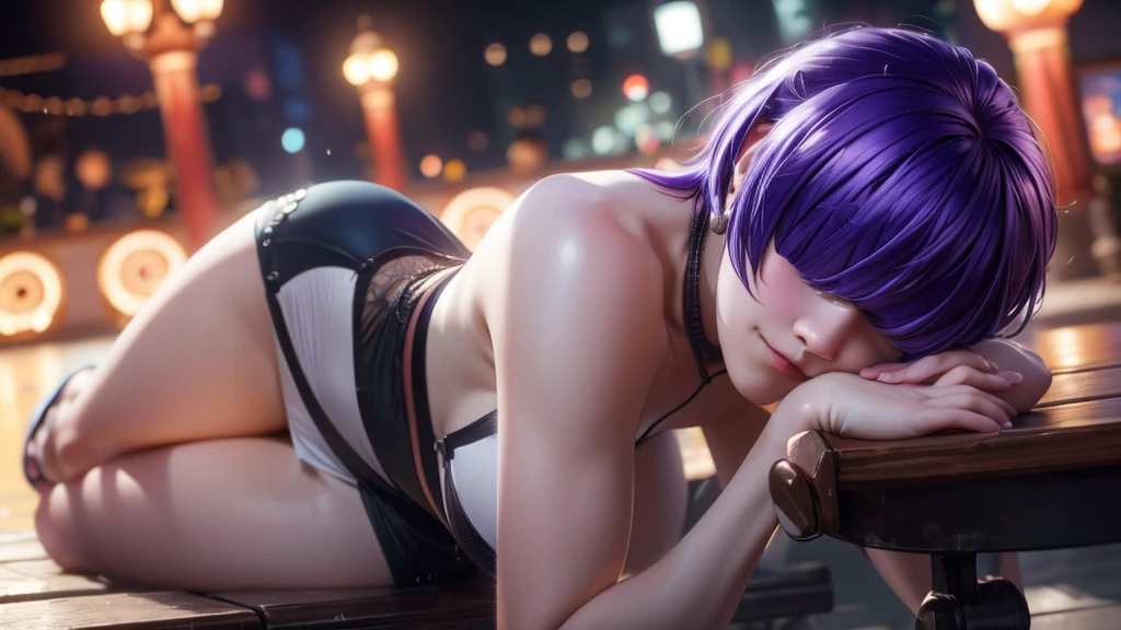 (at night), alone, in a video game scene a background of a beautiful city during the day raining, standing at attention, purple hair, ((purple hair)), 1 girl, alone, 20 years old, young woman, perfect hands , beautiful and perfect symmetrical fingers, beautiful long legs, perfect legs, beautiful body, beautiful nose, beautiful character design, perfect face, look at the viewer (focusing on the entire character), closed mouth, Light_Smile, official art, wallpaper Extremely detailed CG unity 8k, perfect lighting, bright and colorful front lighting, glowing skin (masterpiece: 1.0), (best quality: 1.0), ultra high resolution, 4K, ultra detailed photography, 8K, HDR, high resolution, nonsense: 1.2, Kodak portra 400, film grain, blurred background, bokeh: 1.2, lens flare, (vibrant_color: 1.2), professional photography, (beautiful_face: 1.5), (narrow waist),
