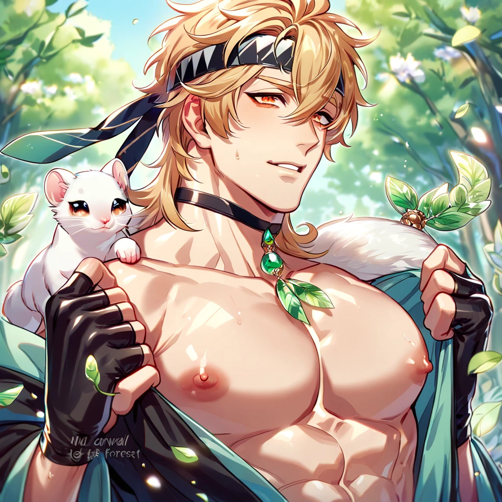 absurdres, highres, ultra detailed, HDR, master piece, best quality, extremely detailed, detailed eyes, Quincy, blonde hair, messy hair, hair between the eyes, expressive orange eyes, Nu Carnival, solo, sexy man, manly man, horny, lewd, handsome, fantasy, undressing, black haori, light-green kimono, black choker, feathers, accessories, black gloves, fingerless gloves, elbow gloves, black bow headband, spring, green trees, flowers, green leaves, magical forest, dark fantasy, blue sky, white cute small ferret on his shoulder