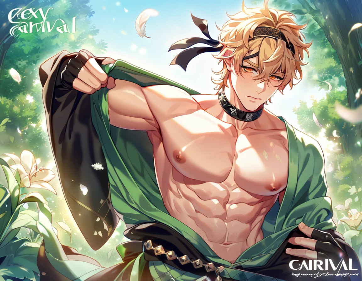 absurdres, highres, ultra detailed, HDR, master piece, best quality, extremely detailed, detailed eyes, detailed face, Quincy, blonde hair, messy hair, hair between the eyes, expressive orange eyes, Nu Carnival, solo, sexy man, manly man, horny, lewd, handsome, fantasy, undressing, black haori, light-green kimono, black choker, showing the chest, feathers, accessories, black gloves, fingerless gloves, elbow gloves, black bow headband, spring, green trees, flowers, green leaves, magical forest, dark fantasy, blue sky