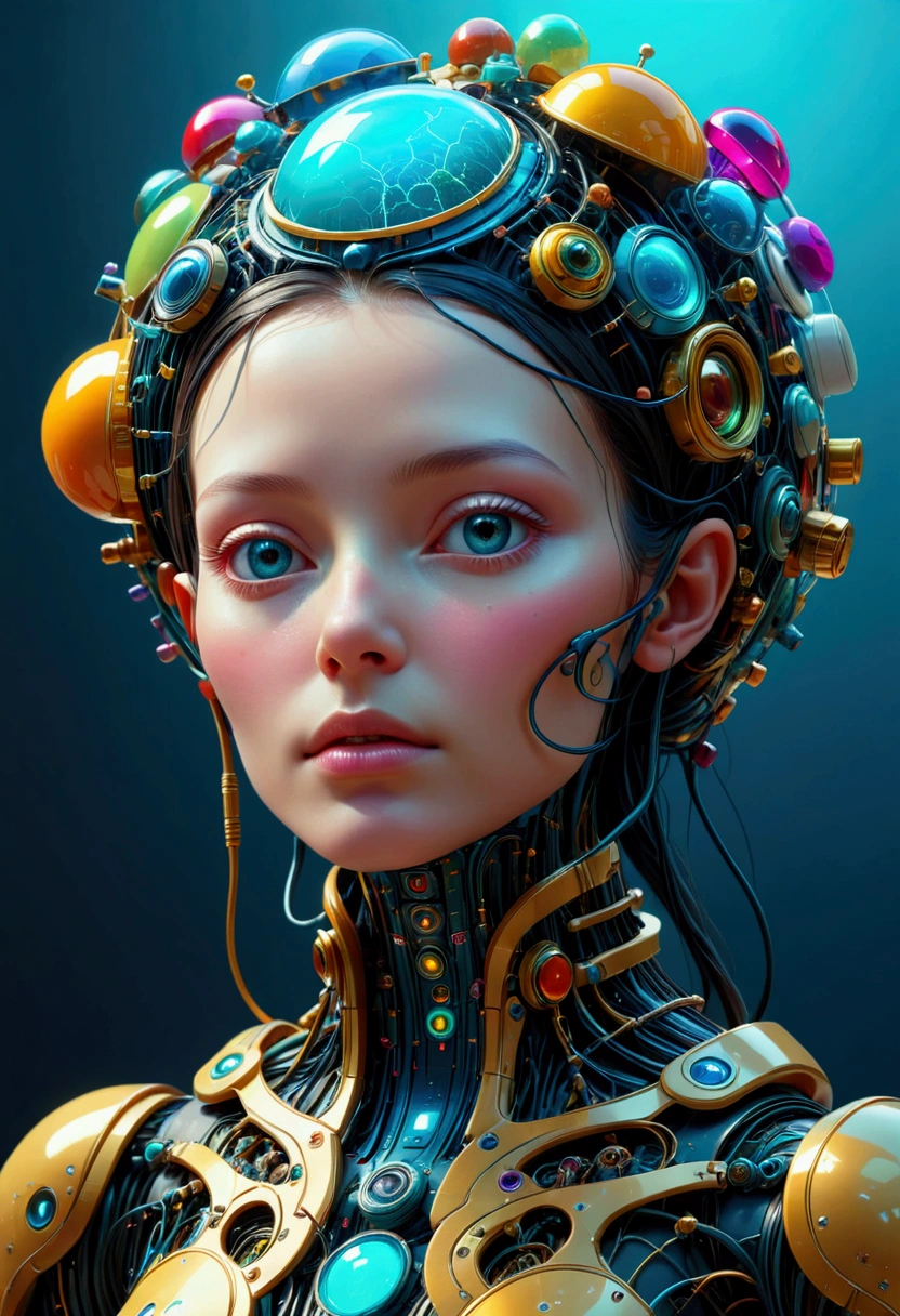 a close up of a person with a head made of many different colored objects, intricate transhuman, beeple daily art, ai enhanced digital art, beeple. hyperrealism, by Beeple, artificial intelligence, ( ( god king of ai art ) ), realism | beeple, beeple art, beeple masterpiece