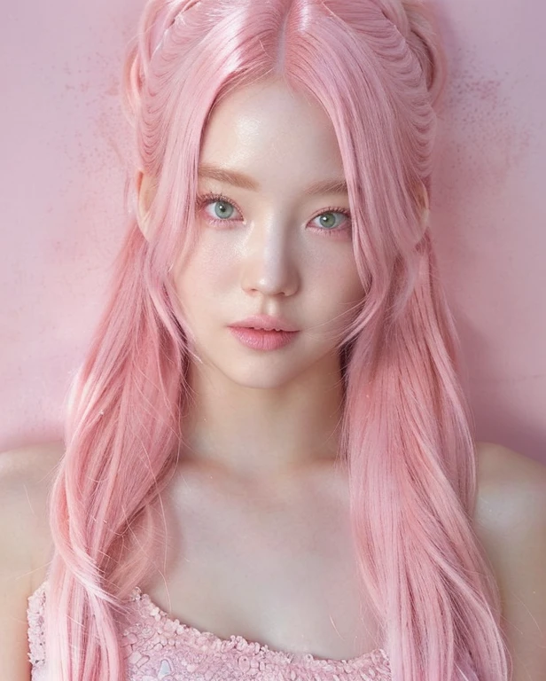 a closeup of a woman with pink hair and a pink dress, Pastel pink skin tone, pink girl, bubblegum hair, long bubblegum hair, thinning pink hair, light pink hair, long flowing pink hair, beautiful fantasy art portrait, pigtails hairstyle, flowing pink hair, long pink hair, bright pink face, curly pink hair, very long light pastel pink hair