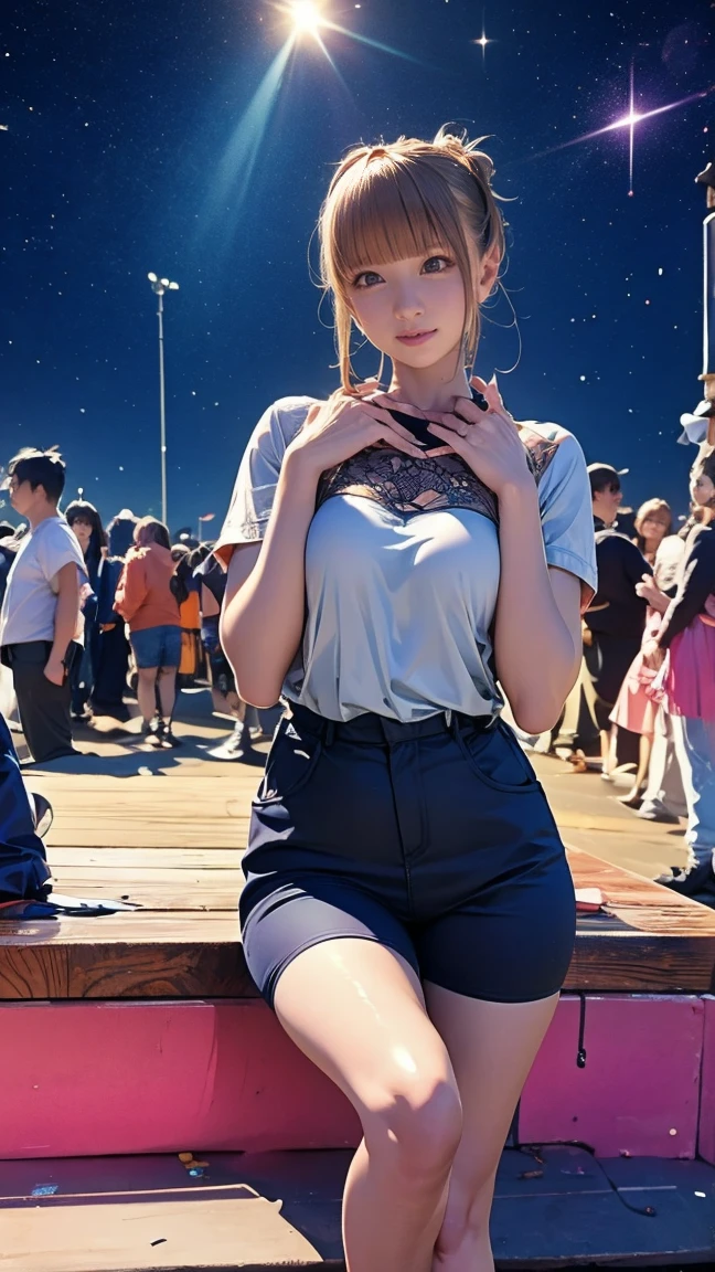 ((masterpiece)),(((Highest quality))),Comiket scenery、Big Sight、International Exhibition Hall、Thin thighs,Long legs,whole body:1.5，(:1.3),(もっと美しいsummerのラフな格好：1.3),(Wearing light casual clothes:1.2),Short Blonde:1.2、Idol Pose，summer、flowerpunk、Idol Group、Sparkle Effect、Light effect particles、Vivid gradients、Space Battleship、Dazzling sunlight