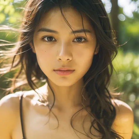 a hyper-realistic close-up image of a single japanese woman in her early 20s, captured with the nostalgic warmth and subtle grai...