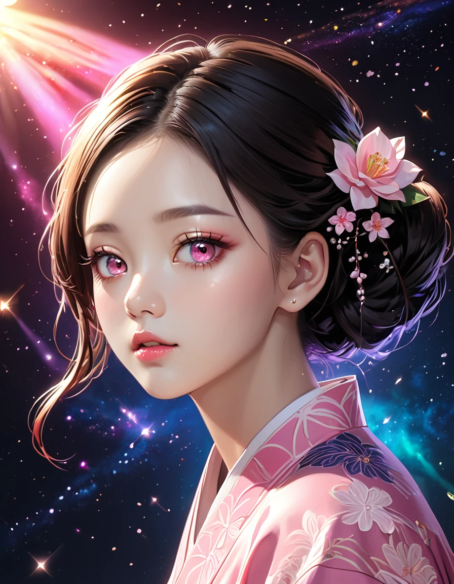 (masterpiece, best quality:1.2), Embossed paper, Solitary，Black LightNezuko from demon slayer. a young woman with long dark hair, (pink eyes), beautiful detailed eyes, beautiful detailed lips, extremely detailed face, longeyelashes, wearing a pink kimono, (best quality,4k,8k,highres,masterpiece:1.2),ultra-detailed,(realistic,photorealistic,photo-realistic:1.37),digital painting,exquisite detail,intricate details,highly detailed,vivid colors,warm lighting,cinematic lighting,dramatic lighting, iridescence, dramatic angle, space, (floating colorful sparkles:1.3), Dramatic Lighting, Chiaroscuro, Evocative Depth, Face Portrait, Close up, ulzzang, (looking at viewer),
