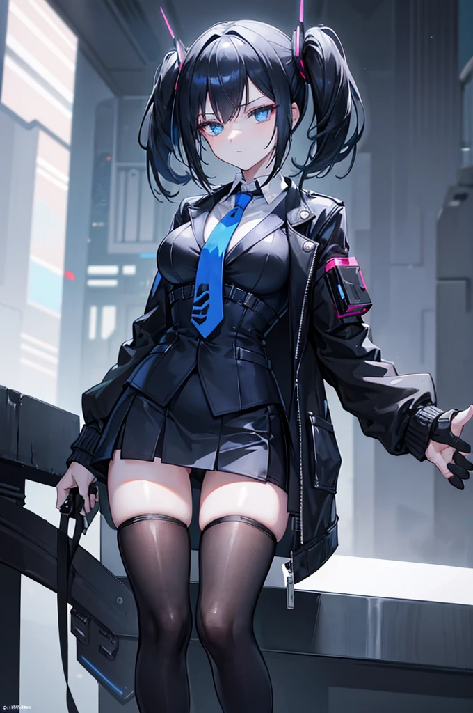 Face_through_torso, 1girl, short_twintails(black_hair,Cyberpunk design hair tie), blue eyes(half closed_eyes), expression_face, A  young noble, exuding elegance and authority, dressed in a black jacket over a crisp white shirt, paired with a short blue tie that reflects a subtle cyberpunk influence. She wears a dark blue skirt that reaches above her knees, complemented by black thigh-high stockings. Hovering beside her is a high-tech combat drone, emphasizing her connection to advanced technology and adding a layer of protection to her refined presence.