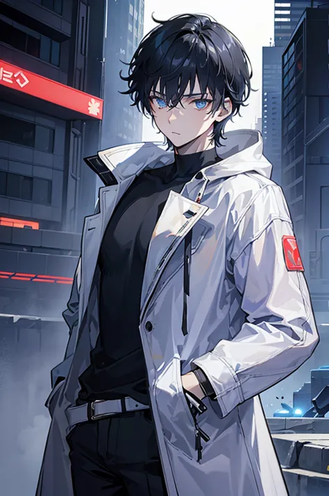 face_through_torso, ((1man)), short_hair(black_hair, dirty hair), blue_eyes, hair_between_eyes, white_trench coat (cyberpunk), h...