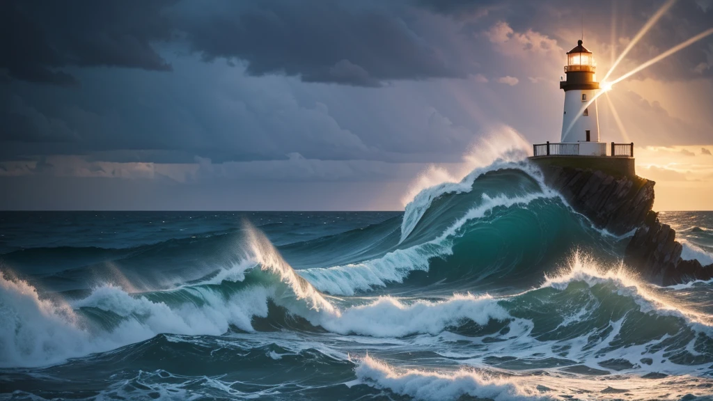 Lighthouse, Stormy night, crashing waves, nighttime, light beam, realistic 