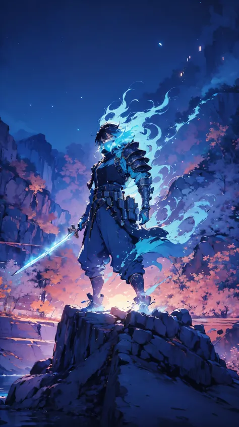 an ethereal samurai engulfed in a blue flame, standing in defiance on a jagged rock, his armor fragmented and glowing, wielding ...