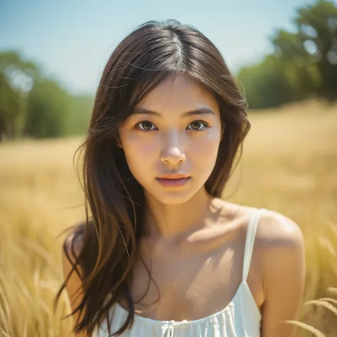 a hyper-realistic close-up image of a single japanese woman in her early 20s, captured with the nostalgic warmth and subtle grai...