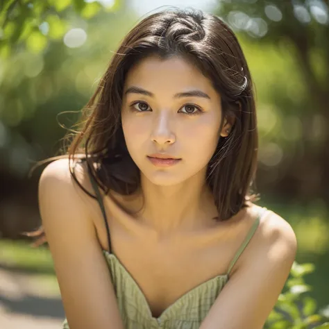 a hyper-realistic close-up image of a single japanese woman in her early 20s, captured with the nostalgic warmth and subtle grai...