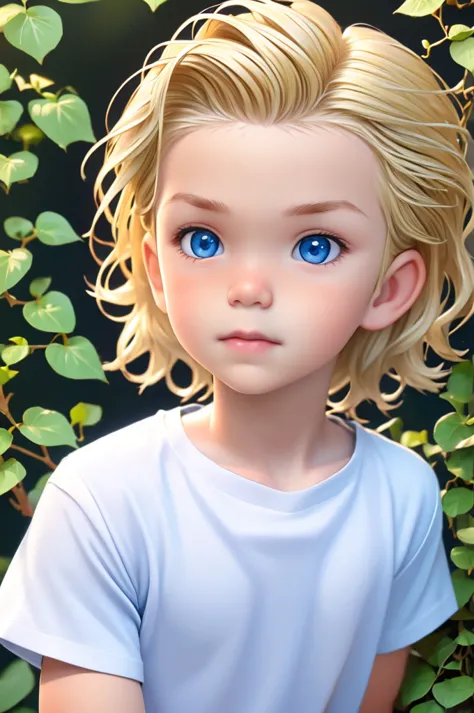 little kid  boy look like a model with blonde hair ivy league charm charm  hair style with blue eyes wearing white  t 
shirt  ep...