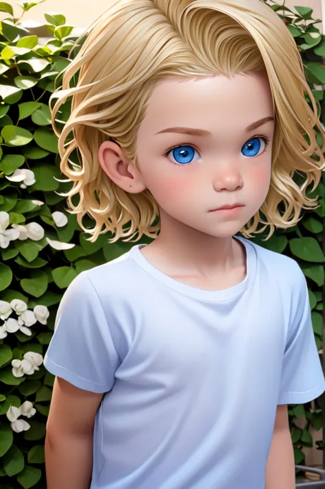 little kid  boy look like a model with blonde hair ivy league charm charm  hair style with blue eyes wearing white  t 
shirt  ep...