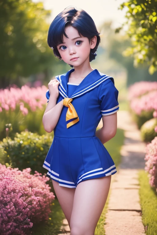 (((masterpiece)), (Highest quality), (Super detailed), ((Very detailed)), 4K, (8k), little female child，Sailor Mercury，Sailor suit，Very short stature，Thin thighs，aesthetics, Dream Core，garden，