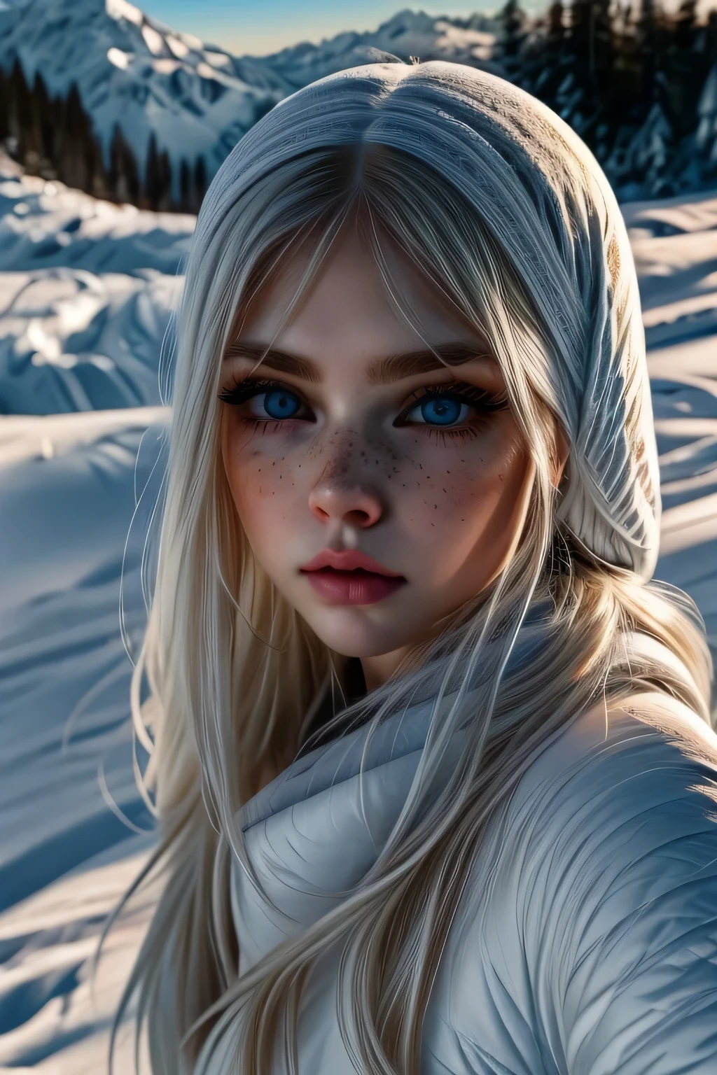 very beautiful woman, perfect face, long white hair, small sharp face, perfect big blue eyes, thin arched eyebrows, very thick and long eyelashes, close up face, freckles, small nose, black winged eyeliner, front view, looking at viewer, super white skin, russian soft small features, in the snow 