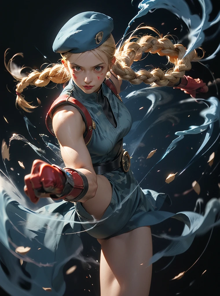 CAMMY(Blue smoke around the body, black background:1.4)
Epic CG masterpiece, from Capcom game Street Fighter, cammy, Cammy White (character name), red beret, camouflage face paint, confident smile, legendary fighting, skills, martial arts expert,lightning kick, spinning bird kick,
