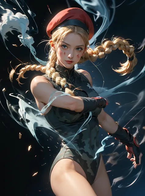 cammy(blue smoke around the body, black background:1.4)
epic cg masterpiece, from capcom game street fighter, cammy, cammy whi...