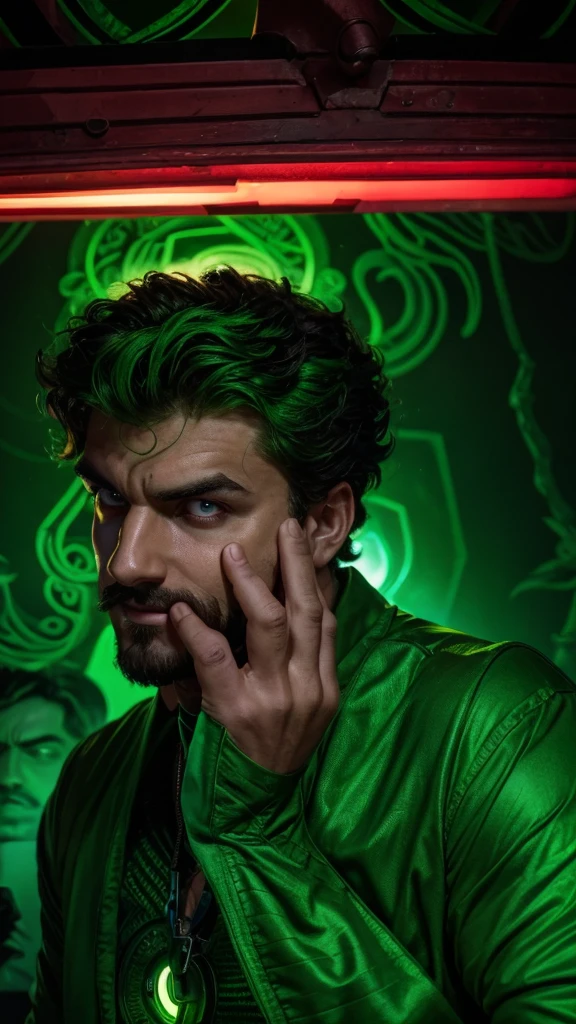 "A 1 young man, with curly hair, wears a green shirt that contrasts with his intense and enigmatic gaze. He sports a thin mustache and a small beard on his chin., that add an air of mystery to your look. Ao fundo, a neon green light emanates a dark atmosphere, highlighting your face dramatically. The artistic style of the image is similar to a comic book villain, with deep shadows and striking features that highlight his imposing appearance. Your eyes convey confidence and cunning, and his smile is slightly curved, suggesting Machiavellian intentions. The aura around you is intimidating, as if he was plotting something grand and dangerous."
