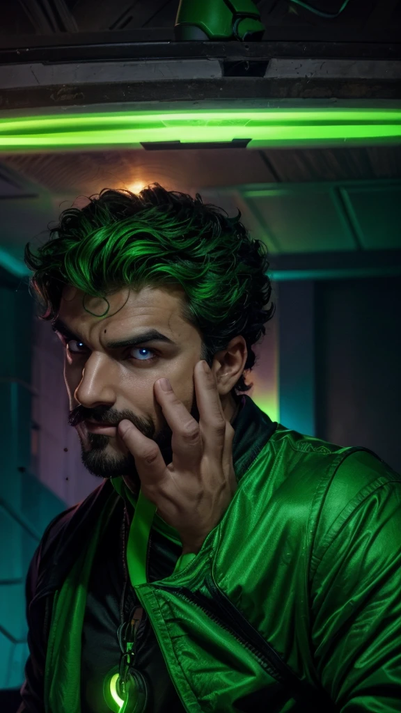 "A 1 young man, with curly hair, wears a green shirt that contrasts with his intense and enigmatic gaze. He sports a thin mustache and a small beard on his chin., that add an air of mystery to your look. Ao fundo, a neon green light emanates a dark atmosphere, highlighting your face dramatically. The artistic style of the image is similar to a comic book villain, with deep shadows and striking features that highlight his imposing appearance. Your eyes convey confidence and cunning, and his smile is slightly curved, suggesting Machiavellian intentions. The aura around you is intimidating, as if he was plotting something grand and dangerous."
