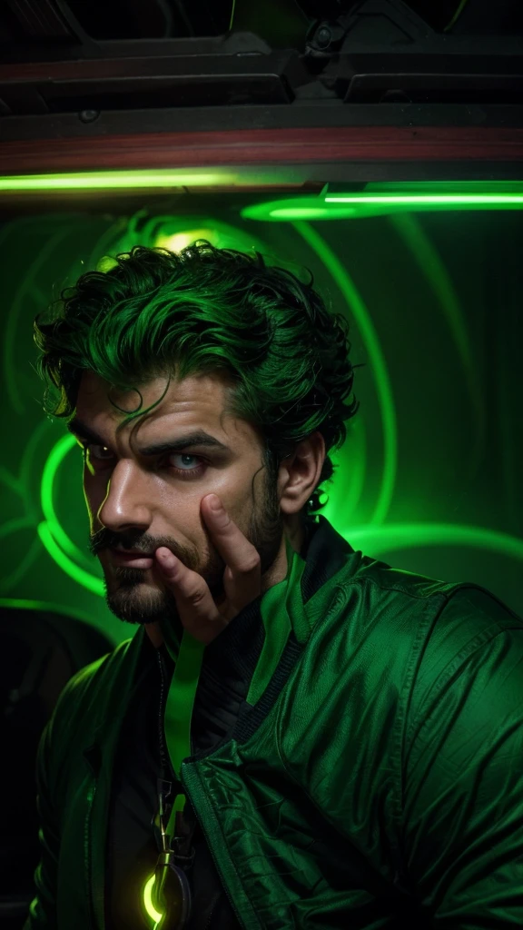 "A 1 young man, with curly hair, wears a green shirt that contrasts with his intense and enigmatic gaze. He sports a thin mustache and a small beard on his chin., that add an air of mystery to your look. Ao fundo, a neon green light emanates a dark atmosphere, highlighting your face dramatically. The artistic style of the image is similar to a comic book villain, with deep shadows and striking features that highlight his imposing appearance. Your eyes convey confidence and cunning, and his smile is slightly curved, suggesting Machiavellian intentions. The aura around you is intimidating, as if he was plotting something grand and dangerous."
