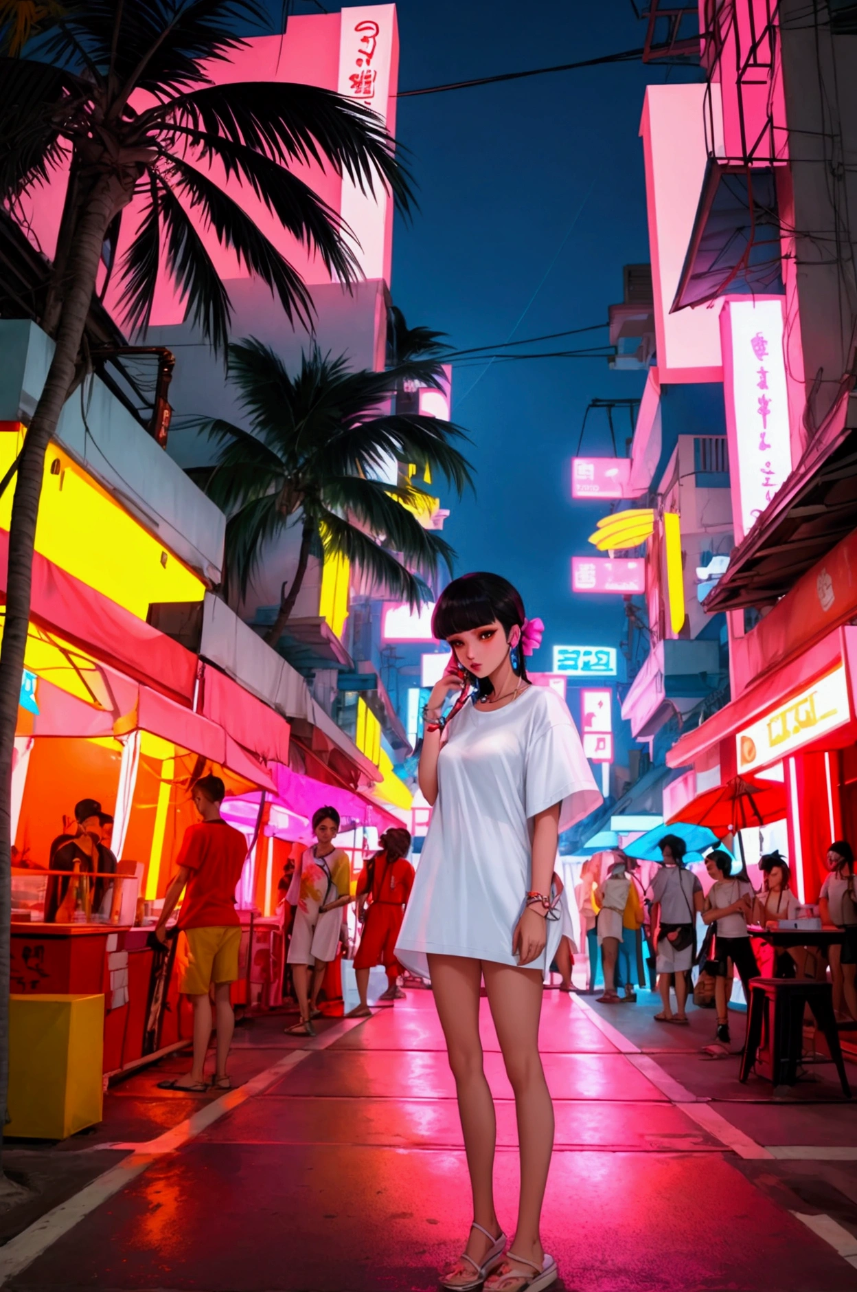 Elevated Street Style: A white oversized tee with a neon-colored  intertwined with palm trees, capturing the vibrant nightlife of Pattaya.