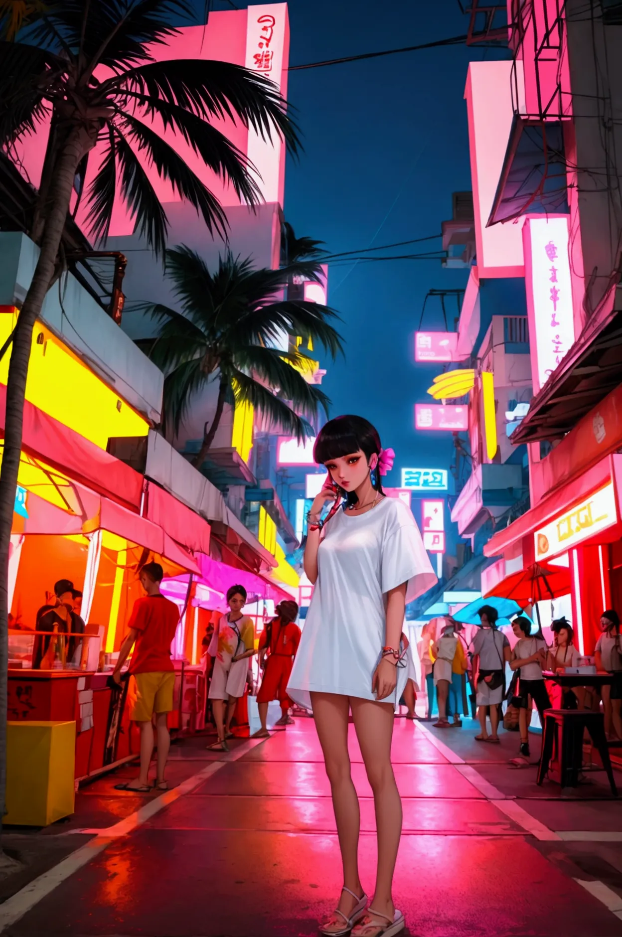 elevated street style: a white oversized tee with a neon-colored  intertwined with palm trees, capturing the vibrant nightlife o...