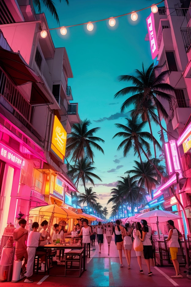 Elevated Street Style: A white oversized tee with a neon-colored  intertwined with palm trees, capturing the vibrant nightlife of Pattaya.