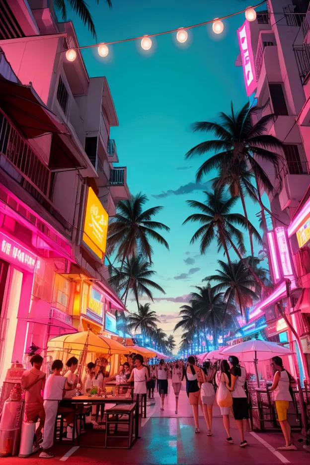 elevated street style: a white oversized tee with a neon-colored  intertwined with palm trees, capturing the vibrant nightlife o...